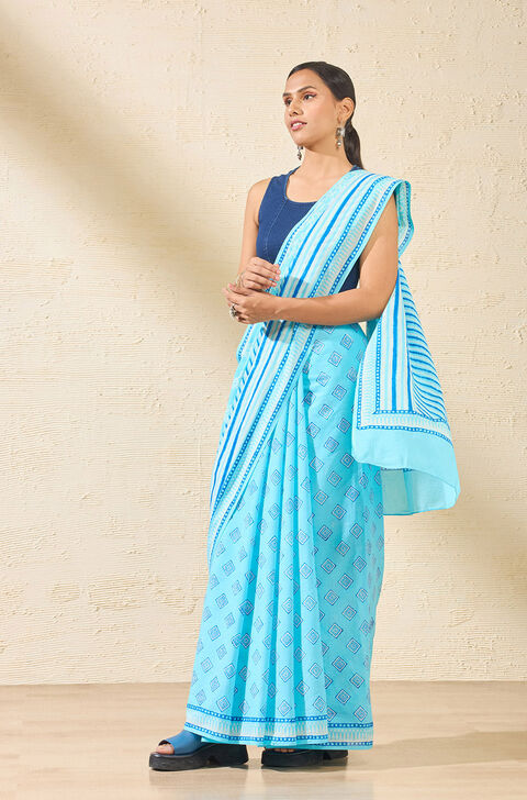 Blue Rajasthan Pure Cotton Dabu Block Printed Saree