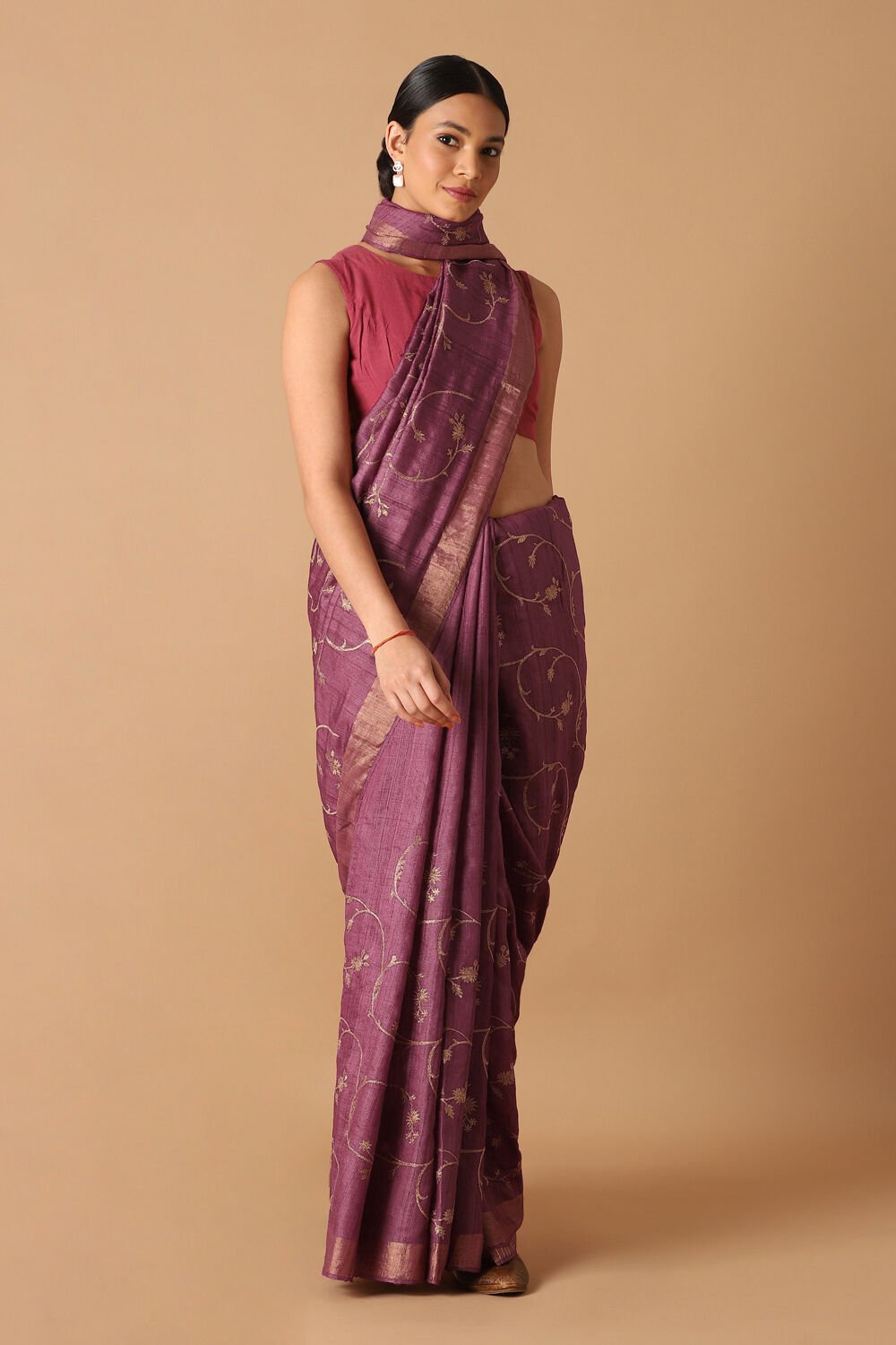 Dark Pure Pink Tussar Embroidered Saree image number null