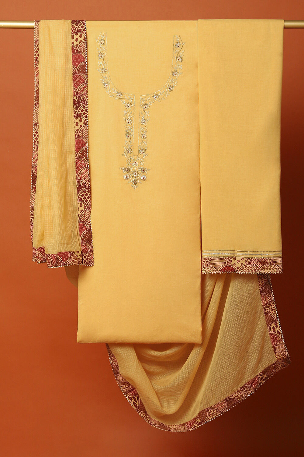 Yellow Cotton Embroidered Unstitched Suit Set image number null