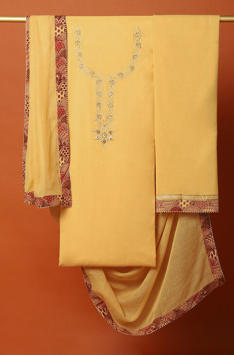 Yellow Cotton Embroidered Unstitched Suit Set
