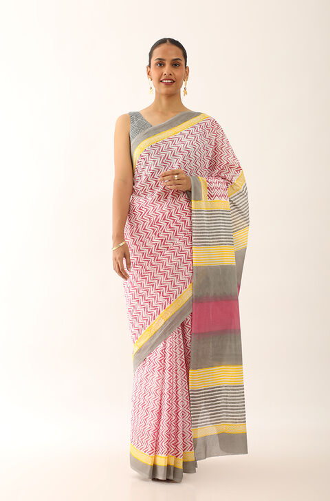 Pink Craft Pure Cotton Block Printed Saree
