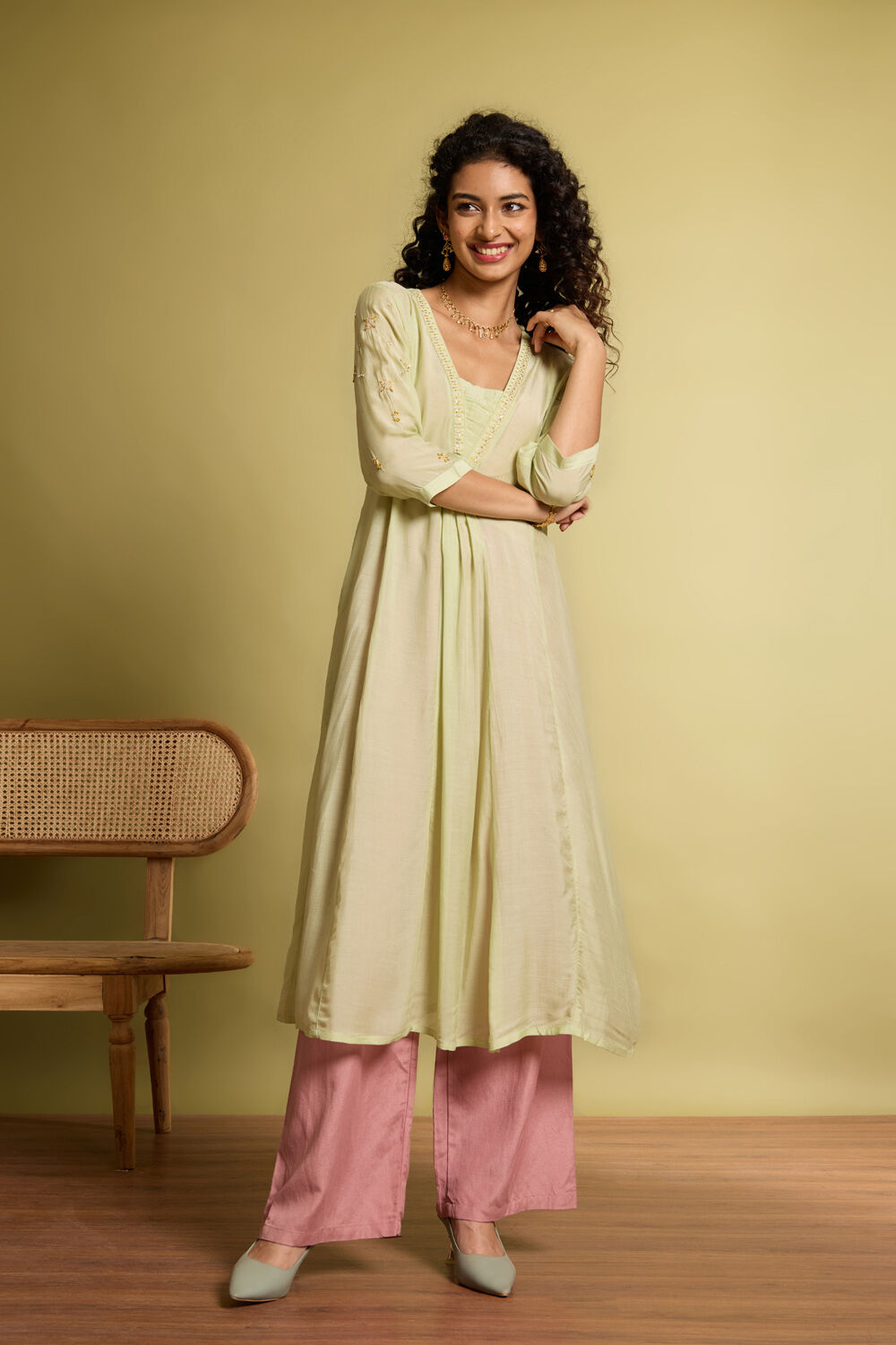 Light Green Viscose Embroidered Kurta image number null