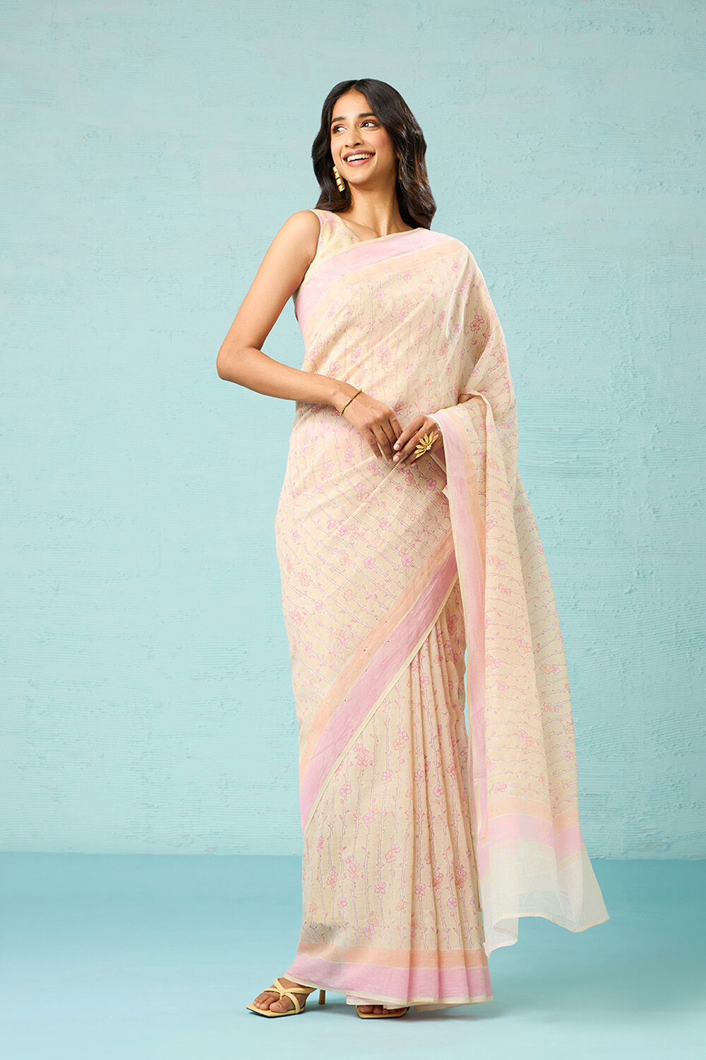 Beige Bagru Pure Silk Cotton Mukaish Saree image number null