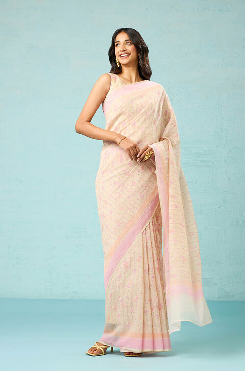 Beige Bagru Pure Silk Cotton Mukaish Saree