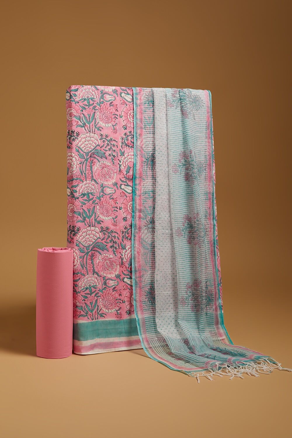 Pink Printed Sanganeri Pure Cotton Unstitched Suit Set image number null