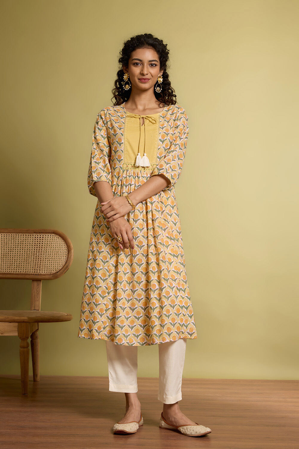 Yellow Pure Cotton Printed Embroidery Kurta image number null
