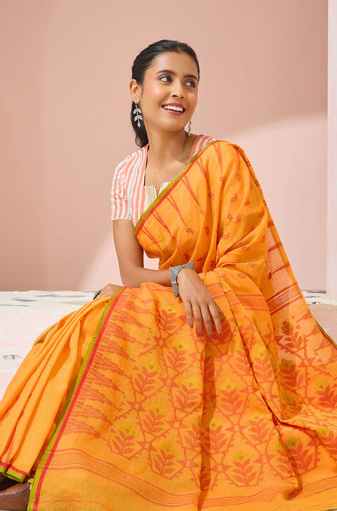 Orange Cutwork Pure Cotton Bengal Saree