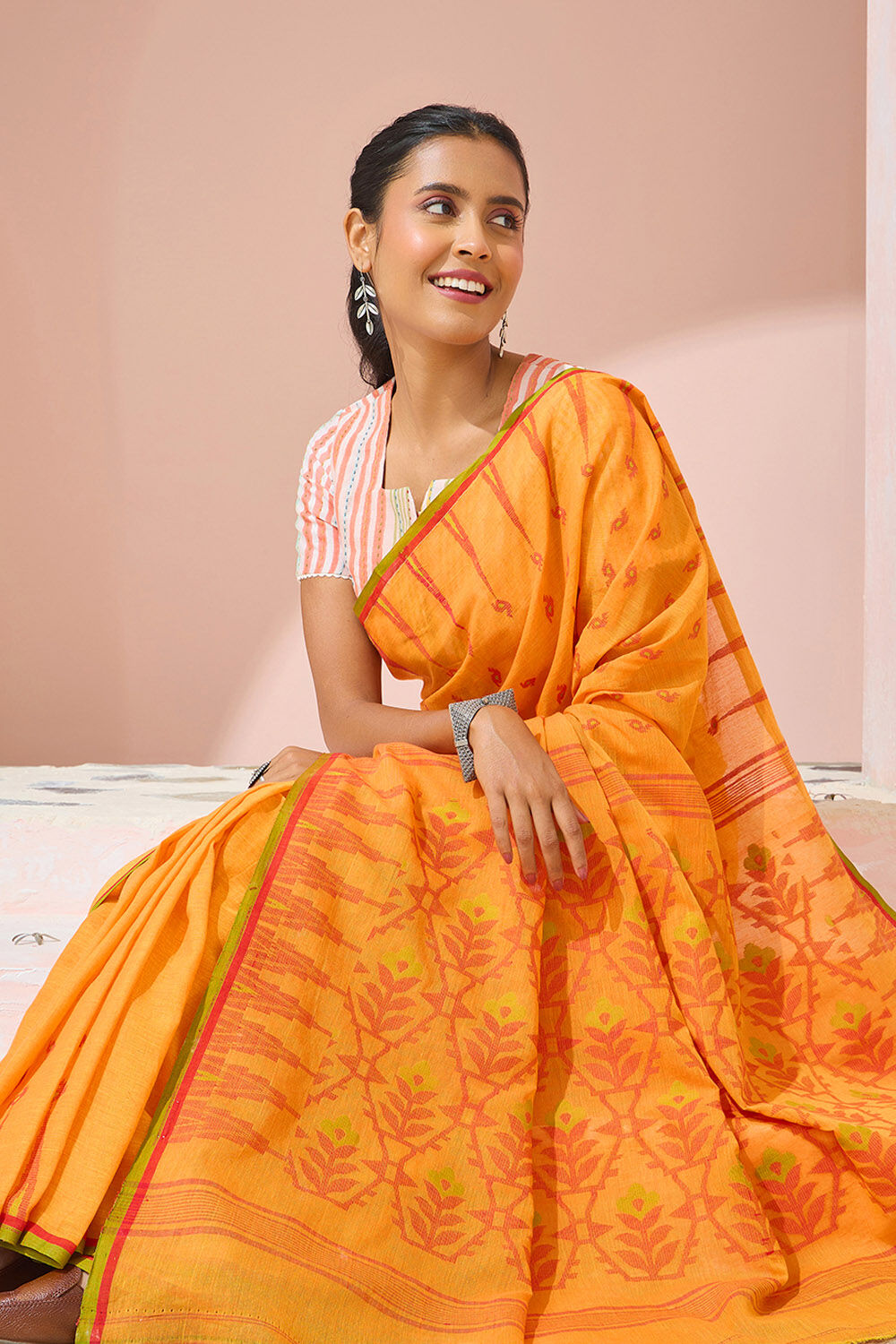 Orange Cutwork Pure Cotton Bengal Saree image number null