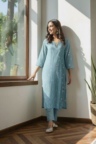 Light Blue Screen Printed Pure Viscose Kurta Set image number