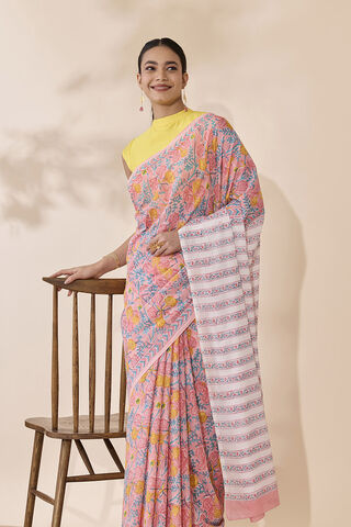 Light Pink Bagru Printed Sanganeri Pure Cotton Saree