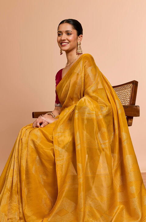 Yellow Woven Viscose Tissue Saree