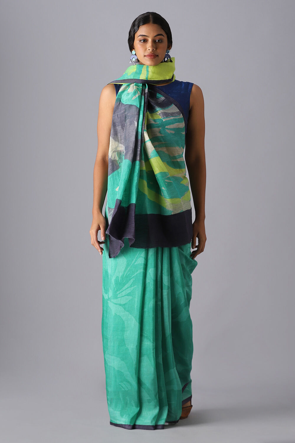 Green Pure Silk Linen Printed Saree image number null