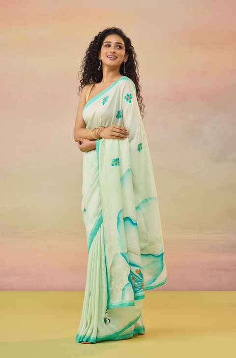 Light Blue Bengal Pure Silk Hand Painted Embroidered Saree
