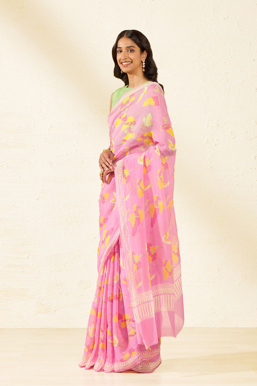 Pink Screen Printed Viscose Organza Saree image number null