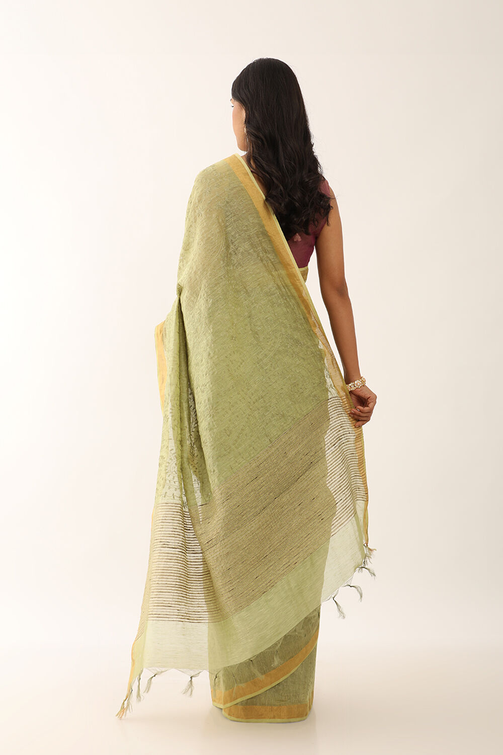 Light Green Bhagalpur Pure Silk Linen Embroidered Saree image number null