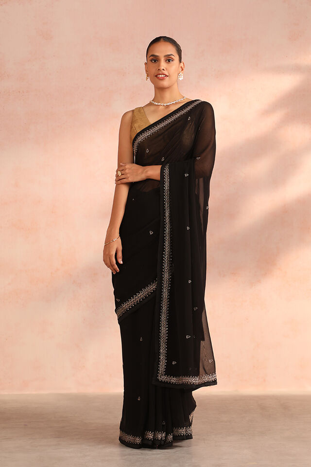 Black Bengal Viscose Georgette Aari Embroidery Saree