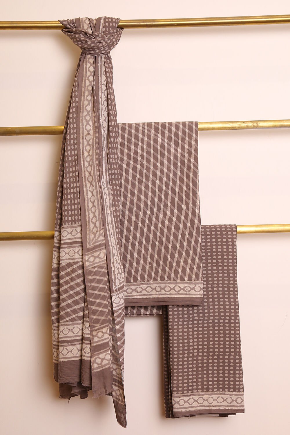 Grey Block Printed Pure Cotton Suit Set image number null