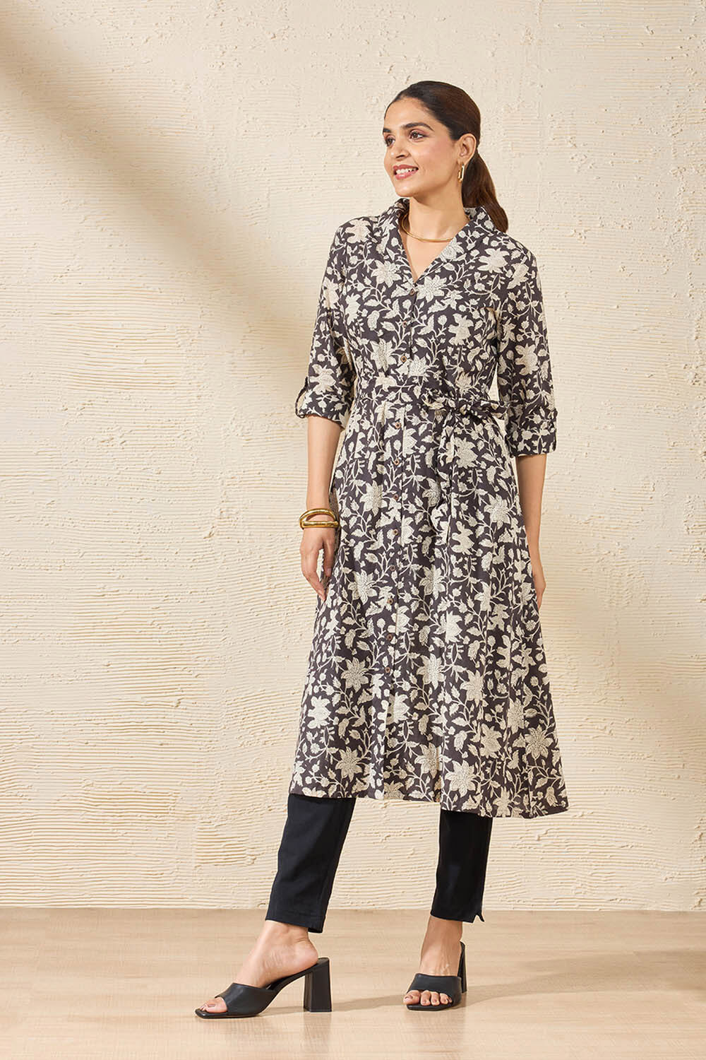 Black Pure Cotton Printed Sanganeri Kurta image number null