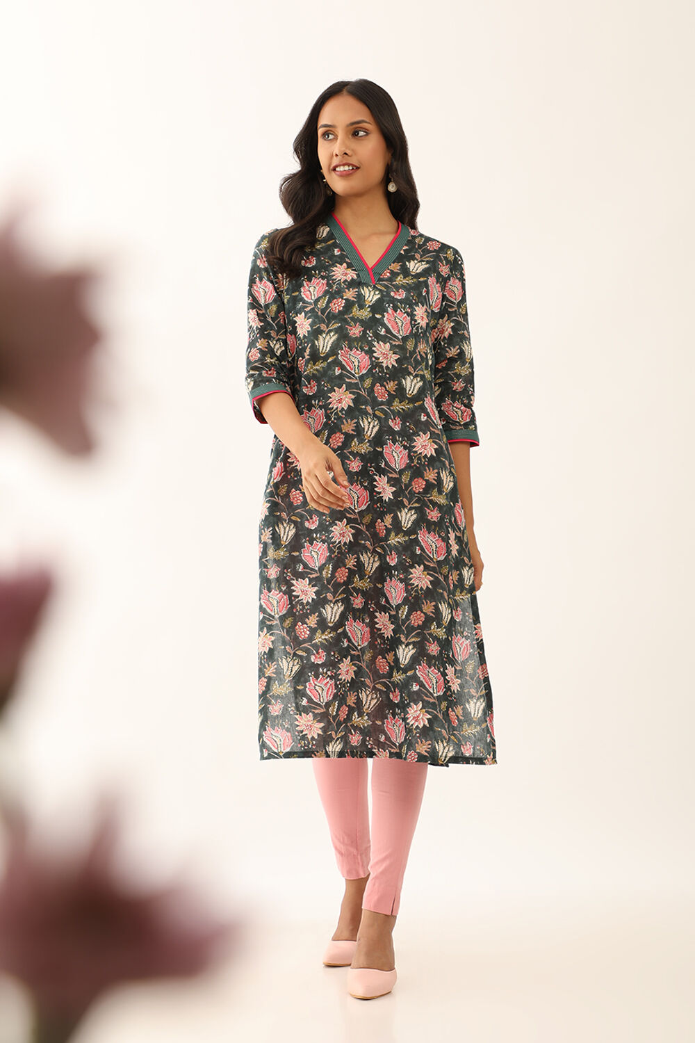 Dark Green Pure Cotton Block Printed Kurta with Embroidery image number null