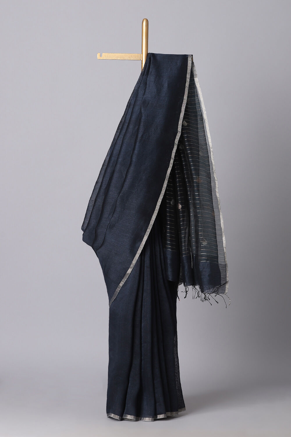 Dark Blue Pure Silk Linen Jamdani Saree image number null