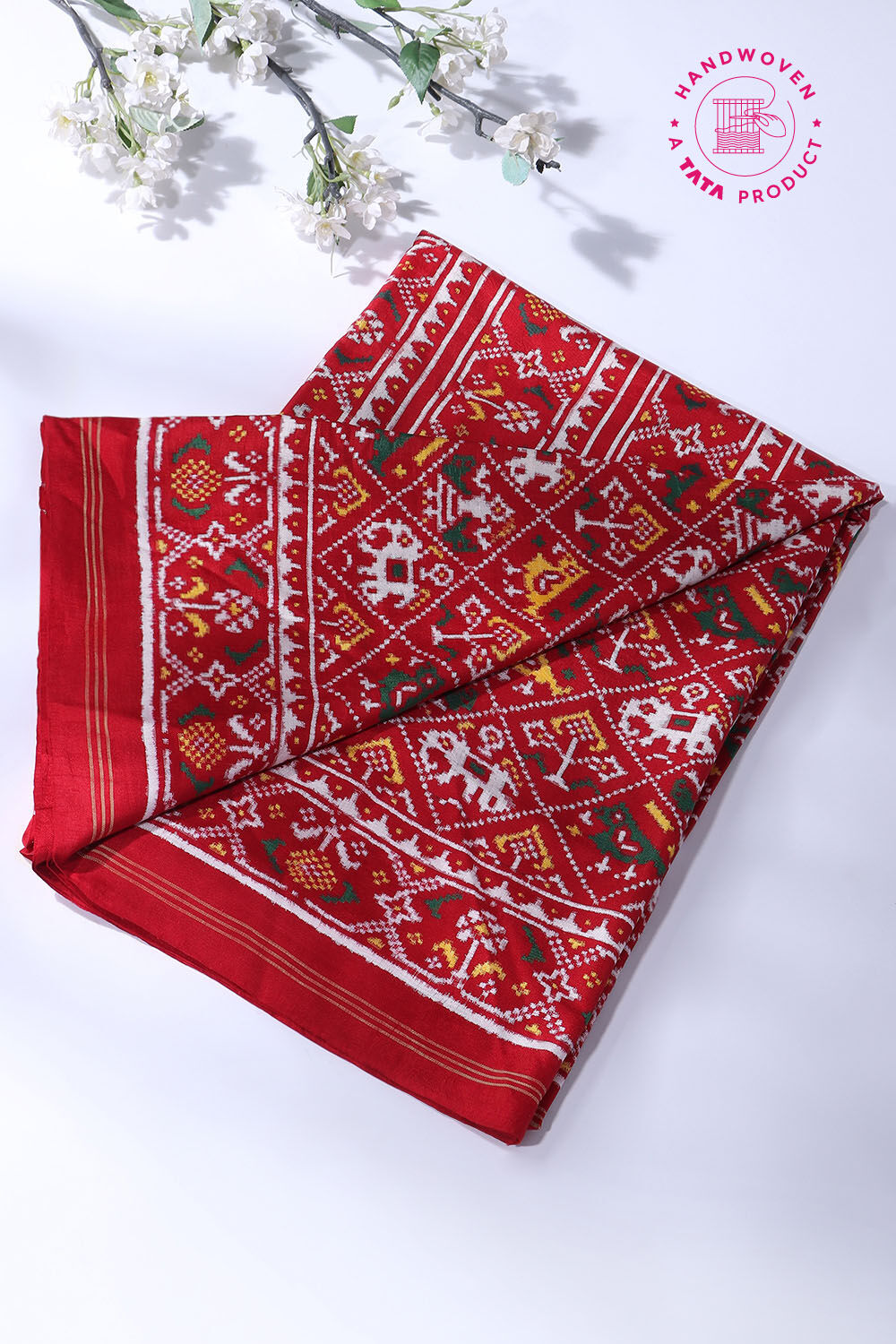 Red Silk Patan Patola Nari Kunjar Bhat Ikat Saree image number null