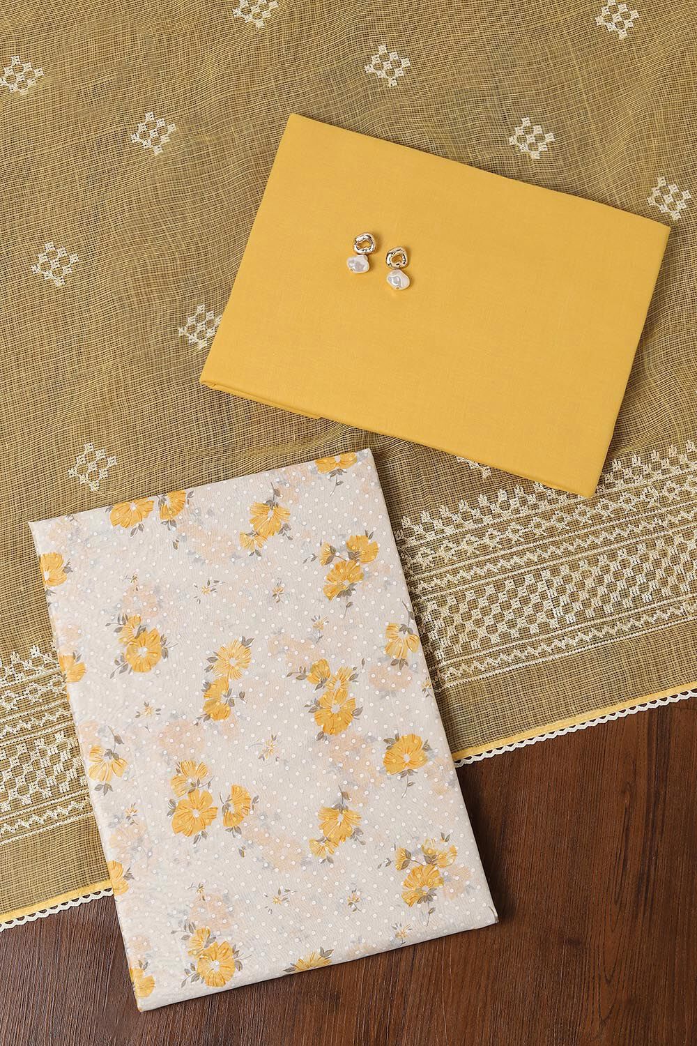 Offwhite and Yellow Silk Cotton Printed Unstitched Suit Set image number null