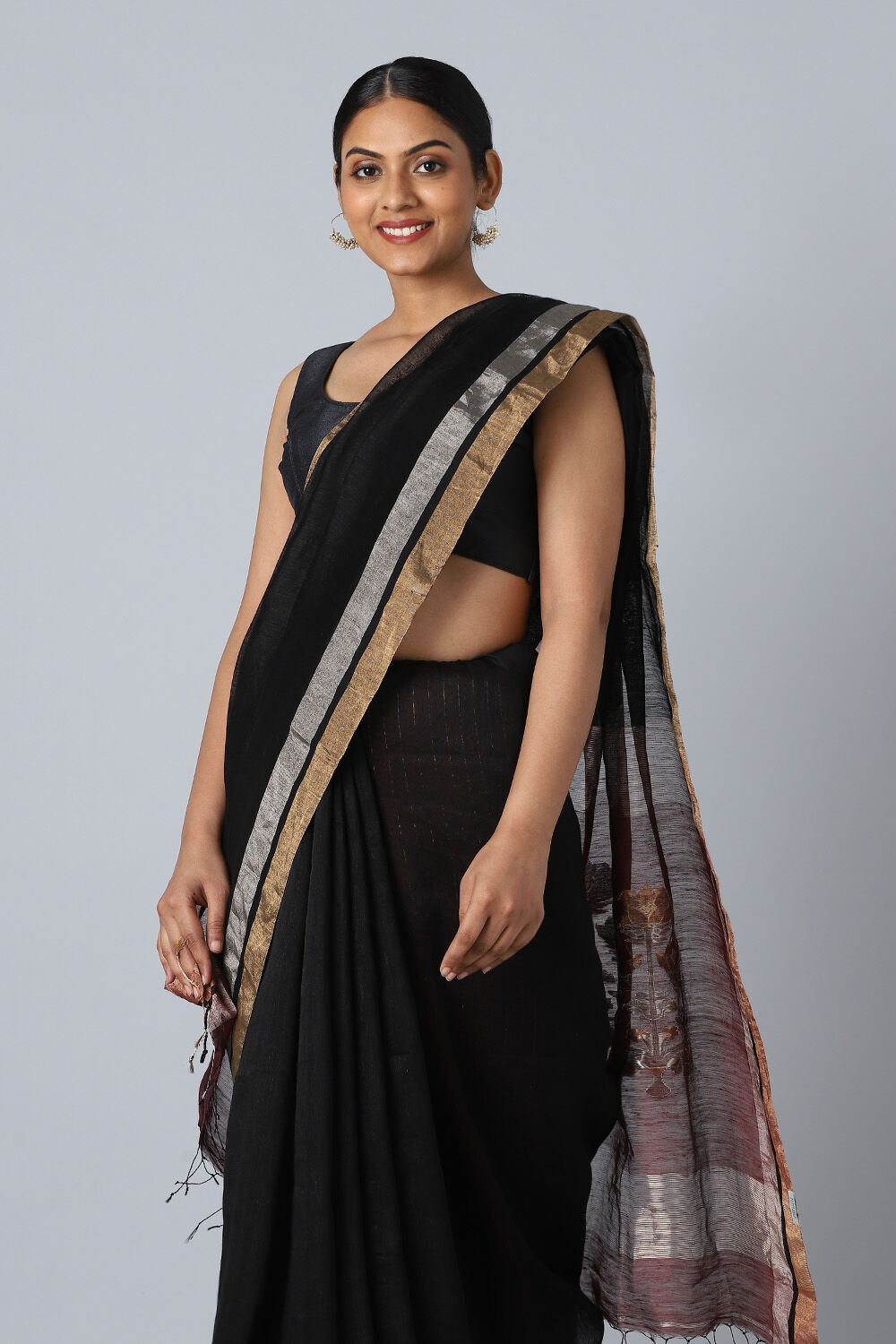 Black Pure Silk Linen Jamdani Saree image number null