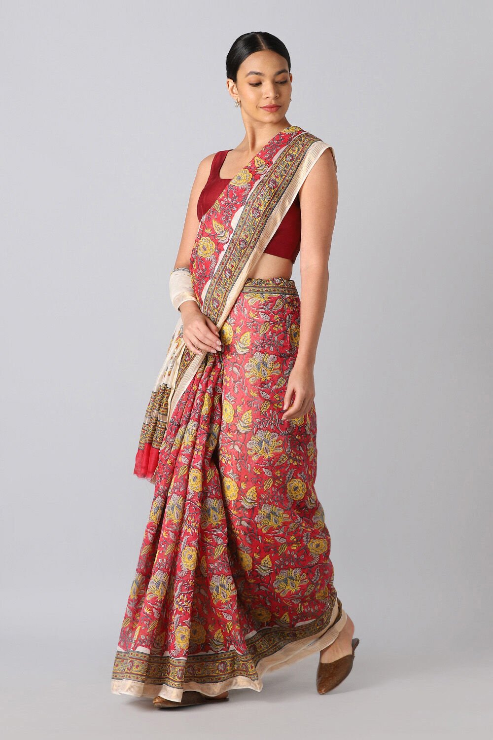 Dark Pink Pure Silk Cotton Sanganeri Printed Saree image number null