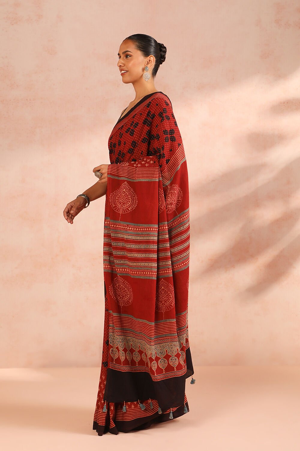 Red Gujarat Pure Cotton Ajrakh Block Print Saree image number null