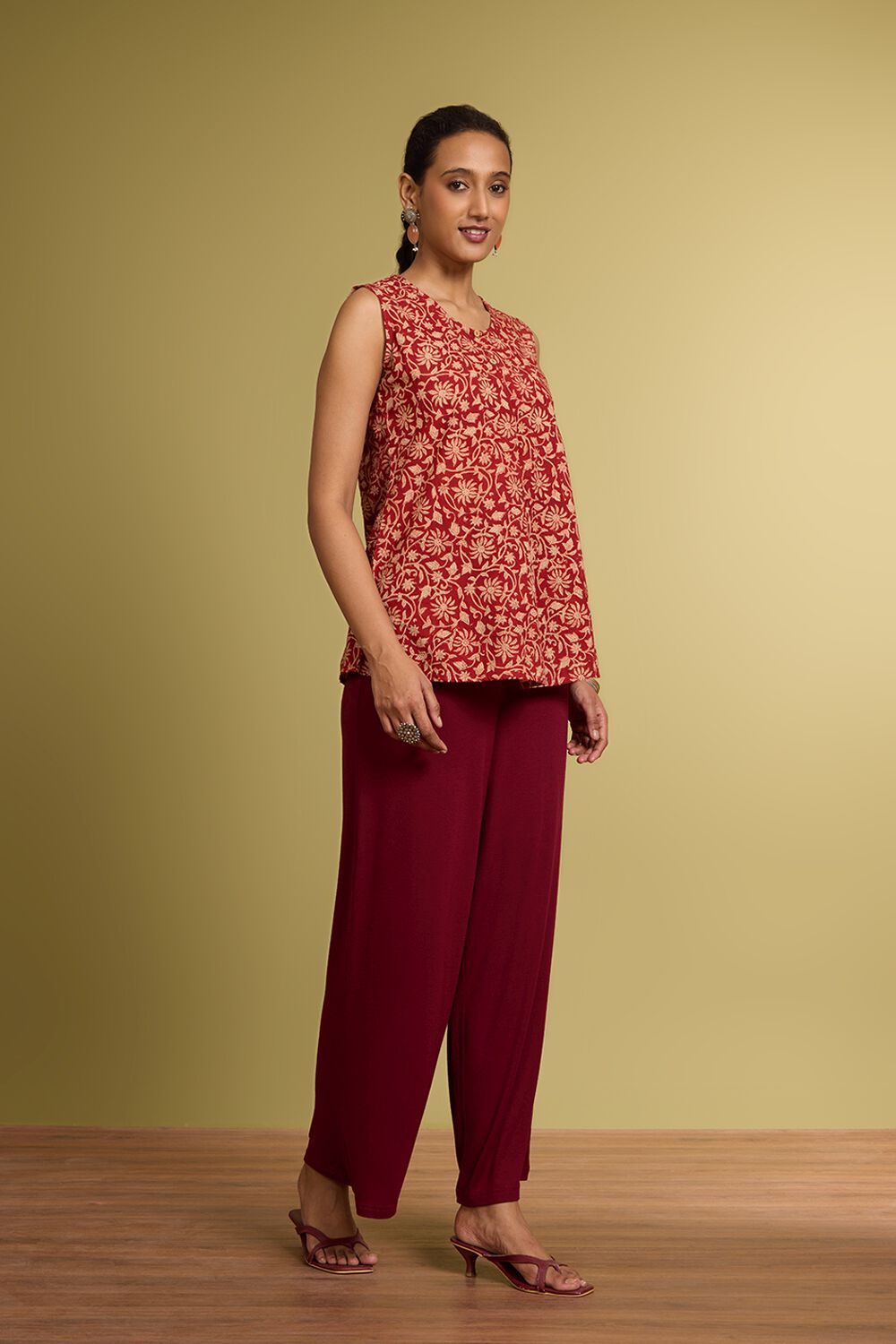 Dark Red Bagru Block Printed Pure Cotton Short Top image number null