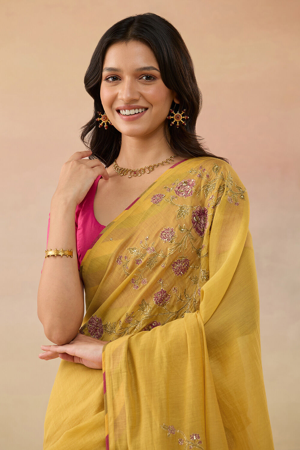 Dark Yellow Pure Silk Cotton Embroidered Saree image number null