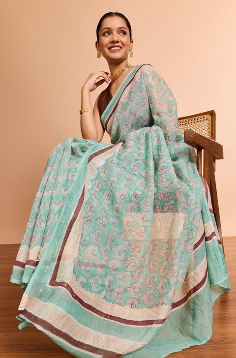 Light Blue Rajasthan Pure Silk Cotton Printed Mukaish Saree
