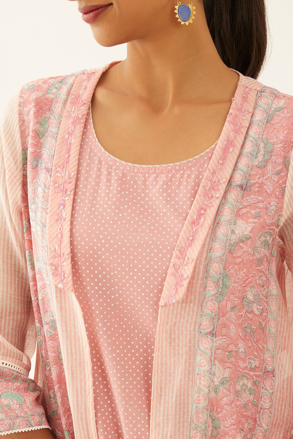 Light Pink Silk Cotton Block Printed Kurta with Jacket image number null