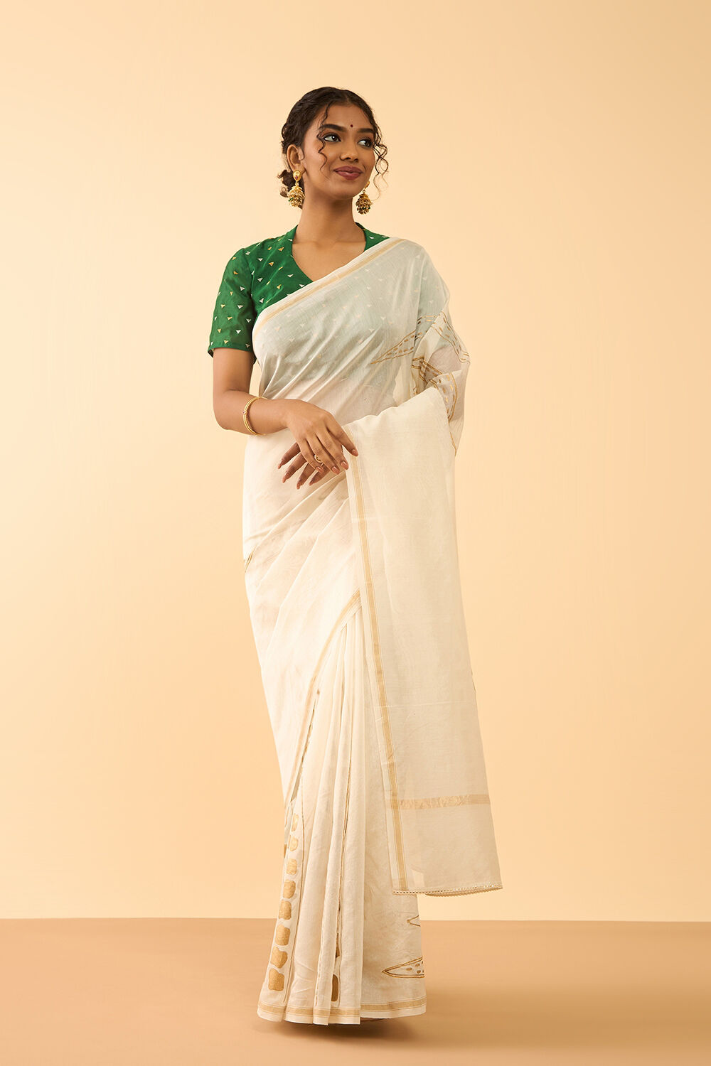 Off White Pure Silk Cotton Block Printed Embroidered Saree image number null