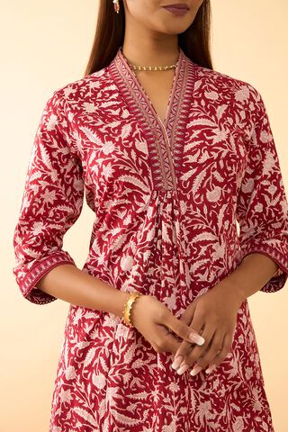 Dark Red Pure Cotton Printed Sanganeri Kurta thumbnail image number null