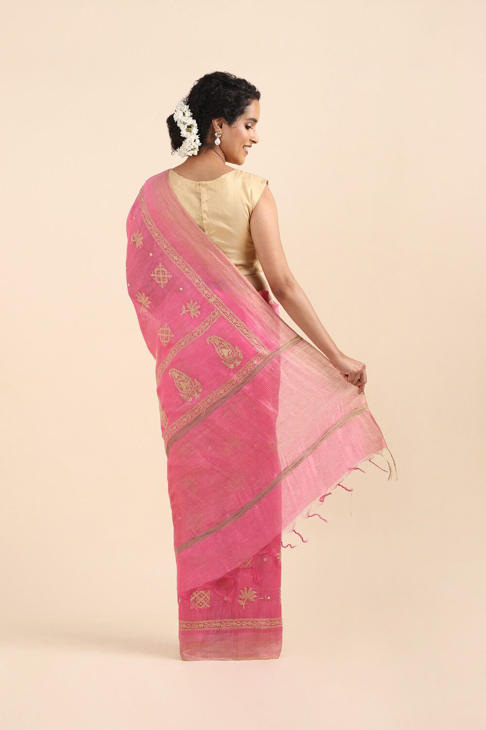 Light Pure Pink Linen Embroidered Saree image number null
