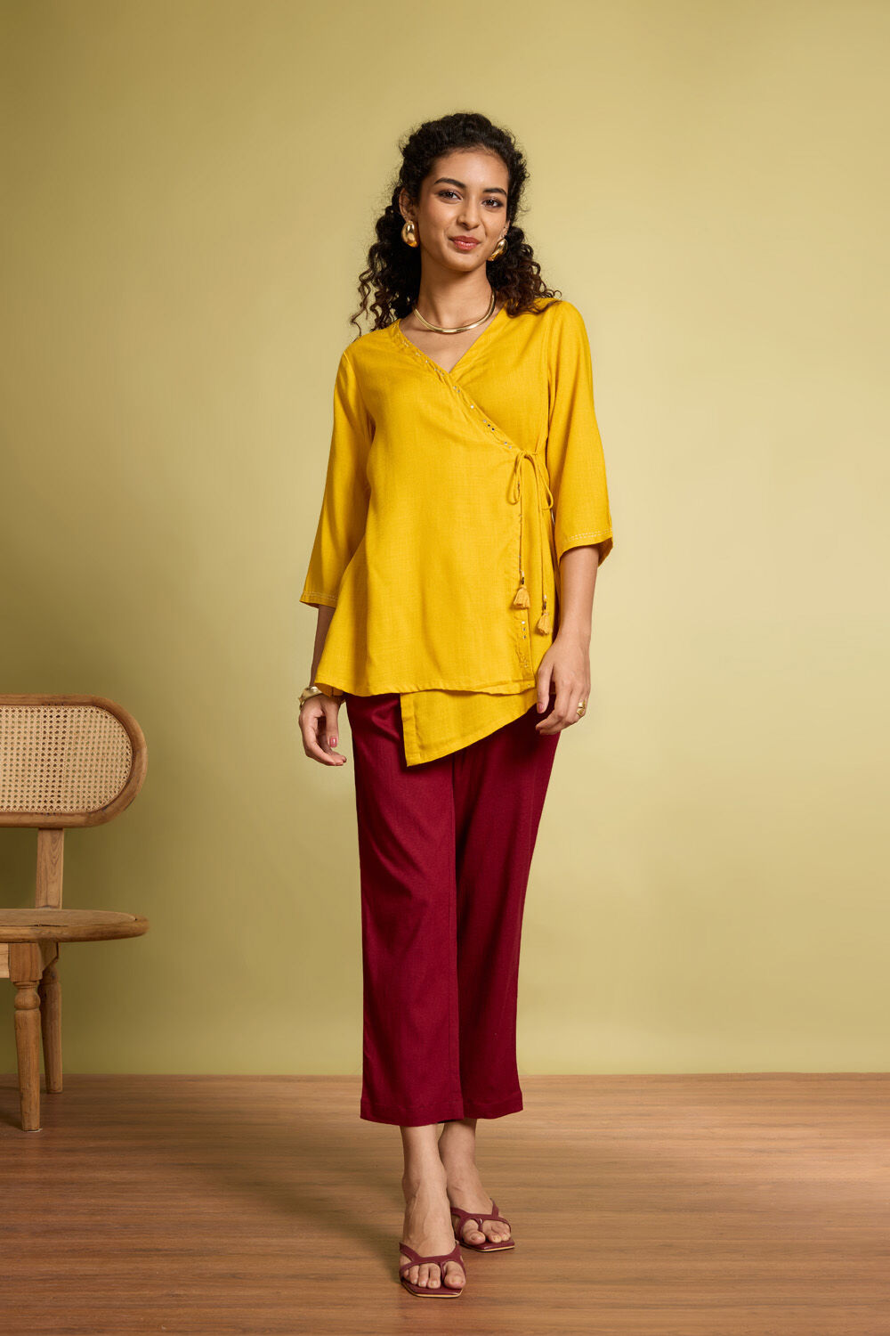 Yellow Viscose Embroidered Short Top image number null