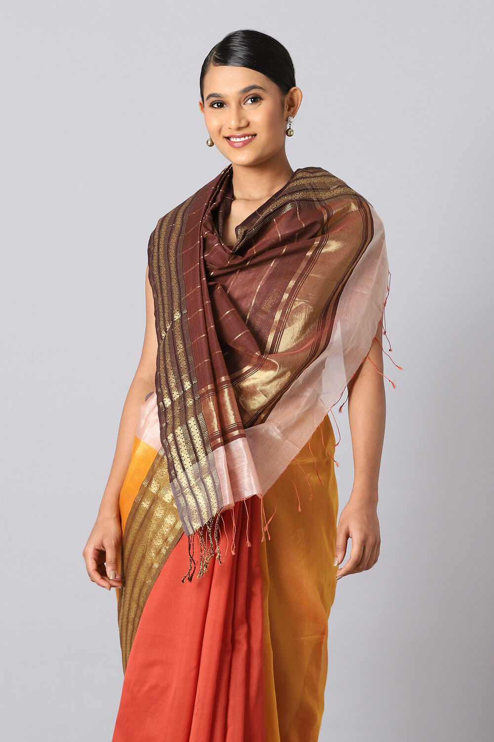 Yellow and Orange Pure Silk Cotton Maheswari Saree image number null