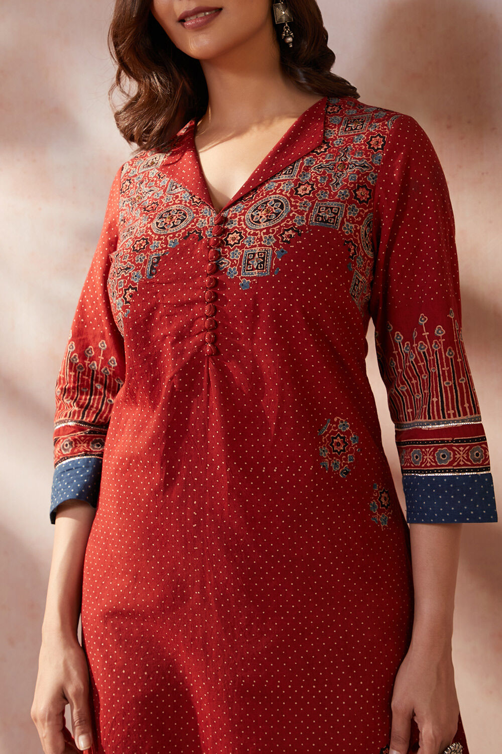 Red Pure Cotton Ajrakh Bandhani Kurta image number null