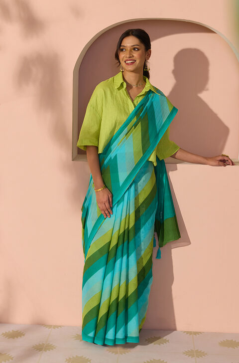 Blue Bengal Screen Printed Pure Cotton Mulmul Saree