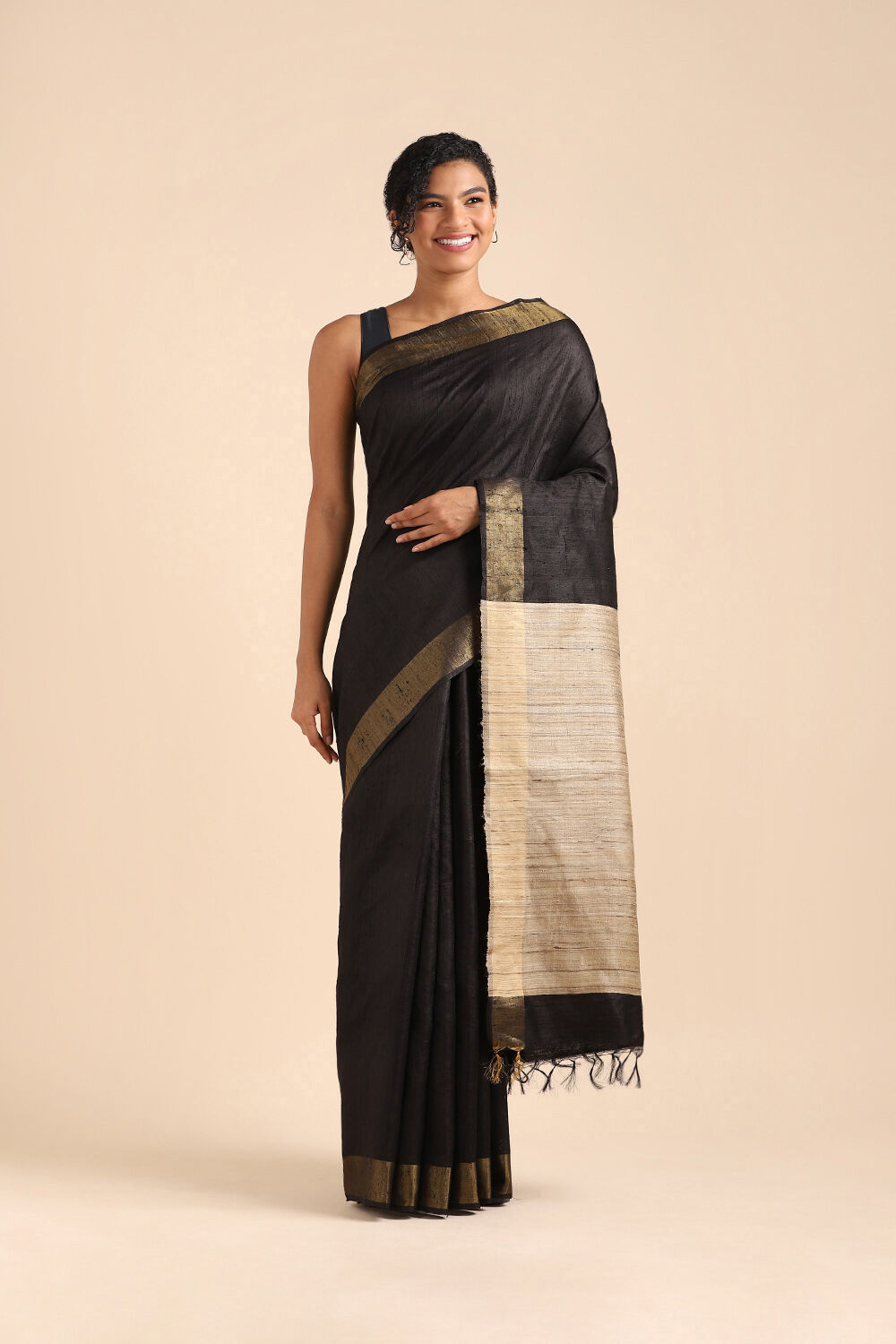 Black Pure Tussar Silk Bhagalpuri Saree image number null
