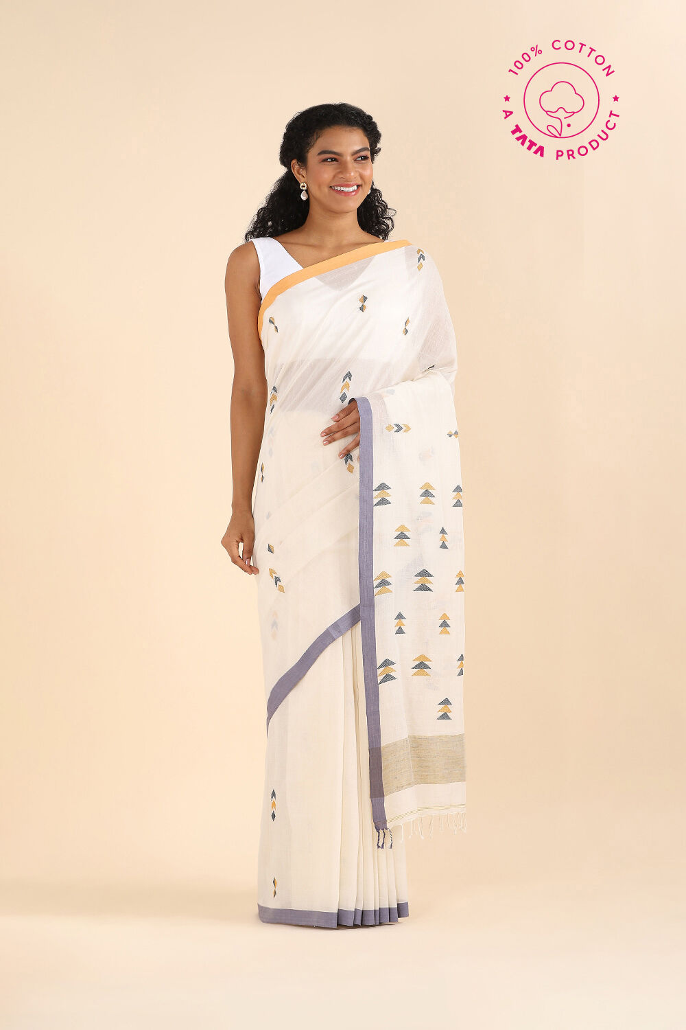 Off White Pure Cotton Jamdani Saree image number null