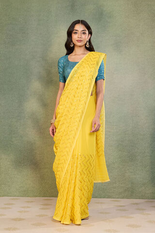 Yellow Viscose Georgette Embroidered Saree thumbnail image number null