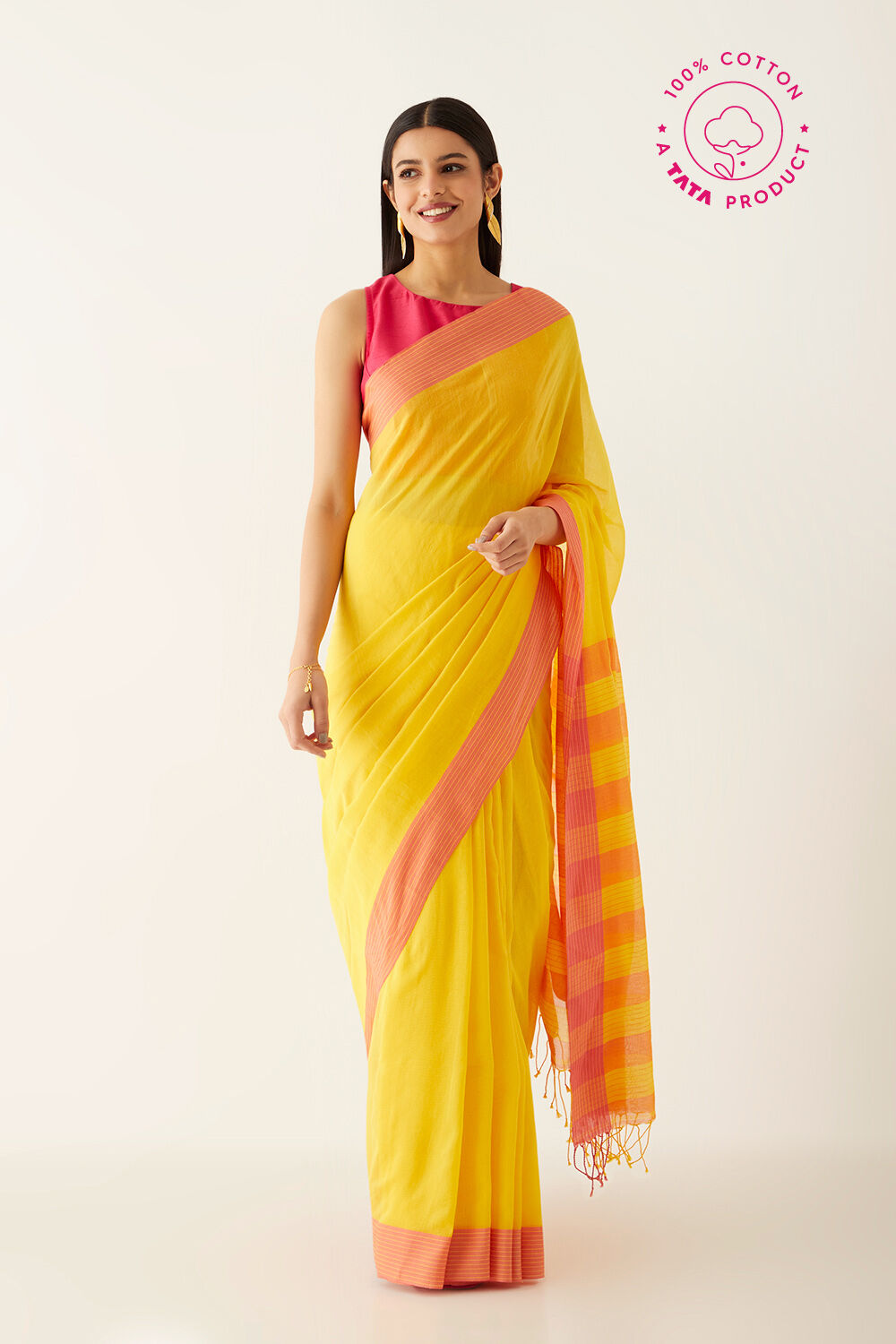 Yellow Pure Cotton Bengal Saree image number null