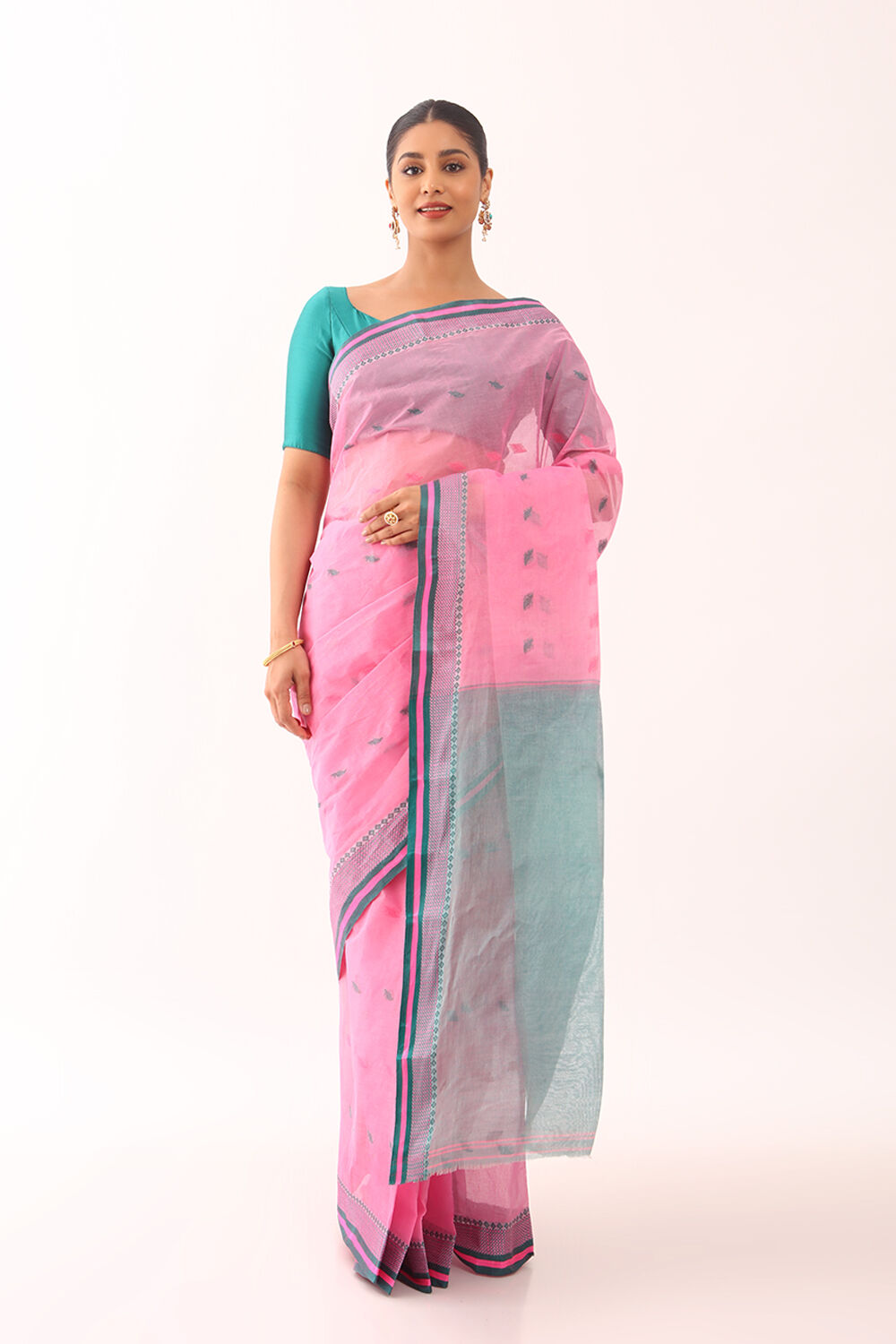 Pink Woven Pure Cotton Bengali Saree image number null