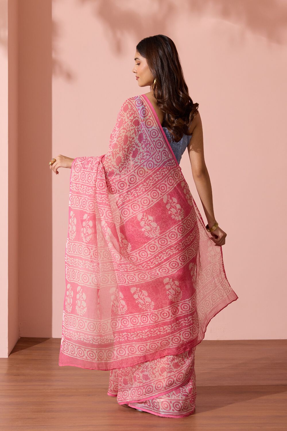 Light Pink Rajasthan Dabu Block Printed Pure Cotton Kota Saree image number null