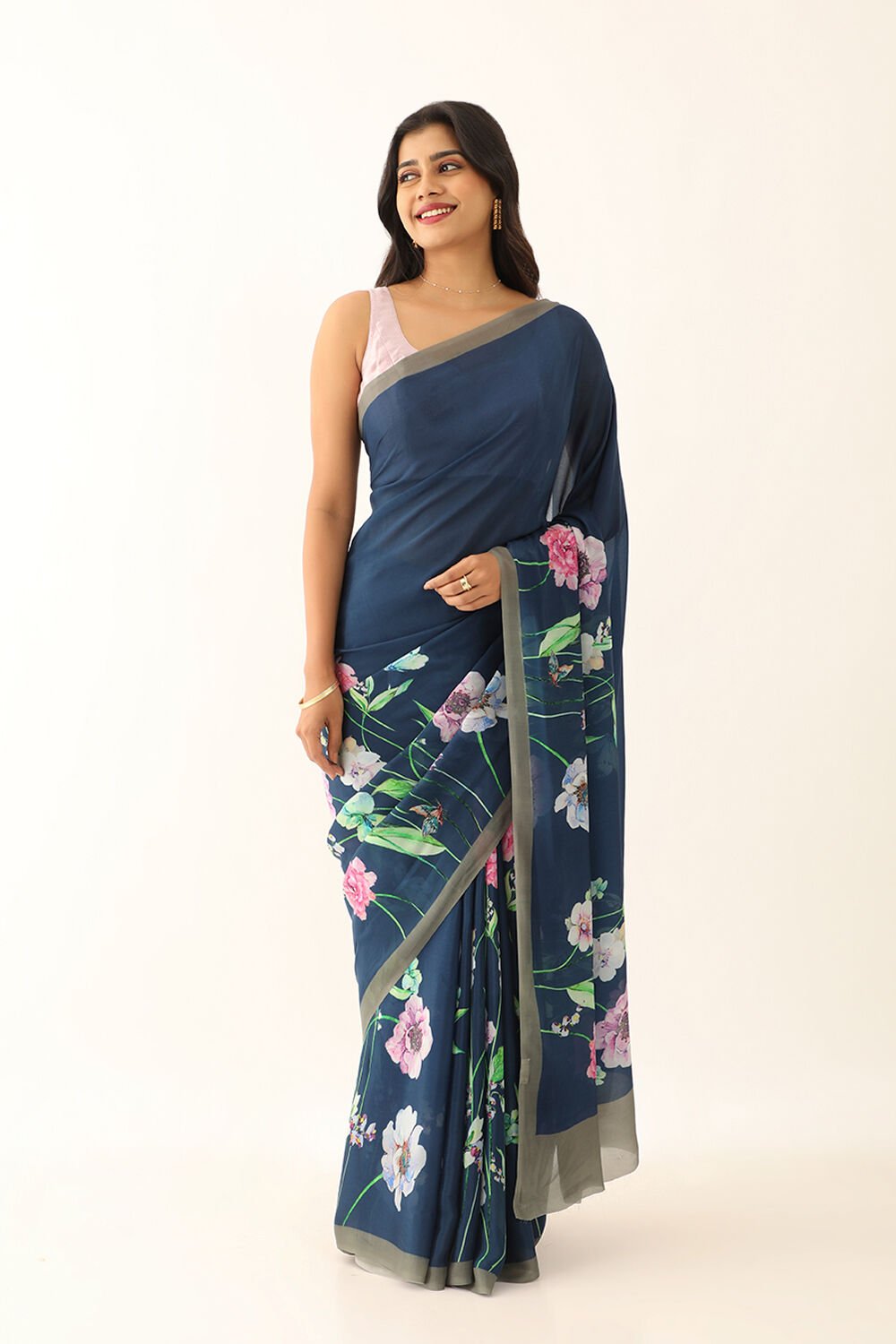 Blue Viscose Crepe Digital Print Saree image number null