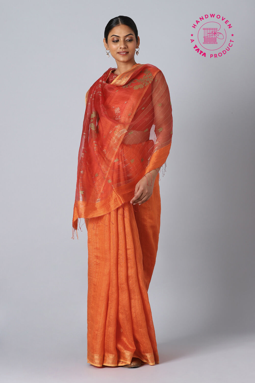 Orange Pure Silk Vanya Bengal Jamdani Saree image number null