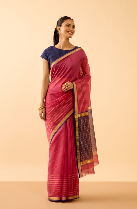 Dark Pink Woven Pure Silk Cotton Chanderi Saree
