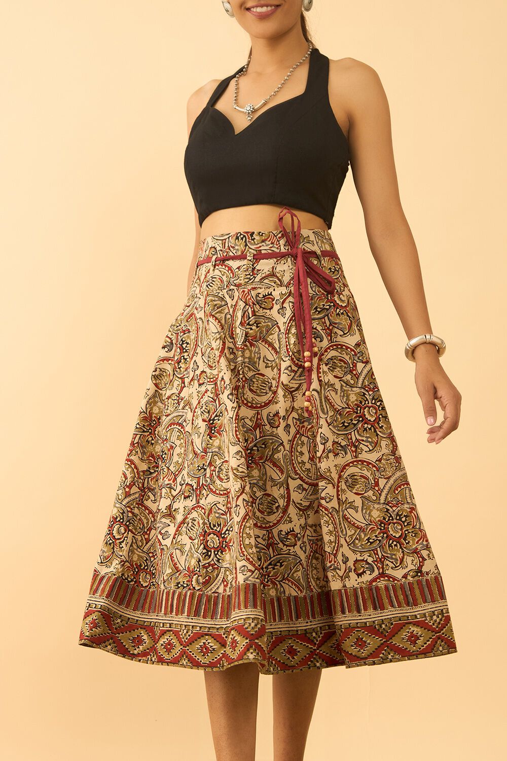 Beige Printed Kalamkari Pure Cotton Ethnic Skirt image number null